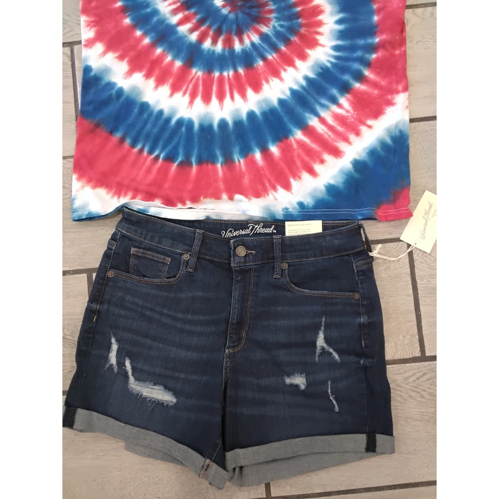 Universal Thread Denim Shorts & Gildan Tie Dye Shirt Set Patriotic Outfit 8/29 - Picture 2 of 8